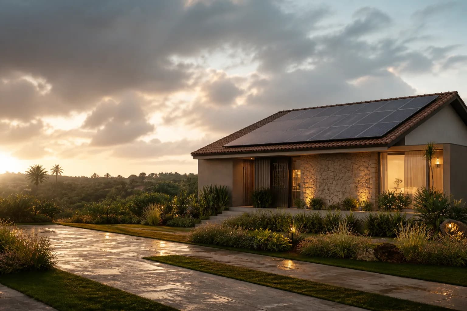 Casa contemporânea com painéis solares ao nascer do sol